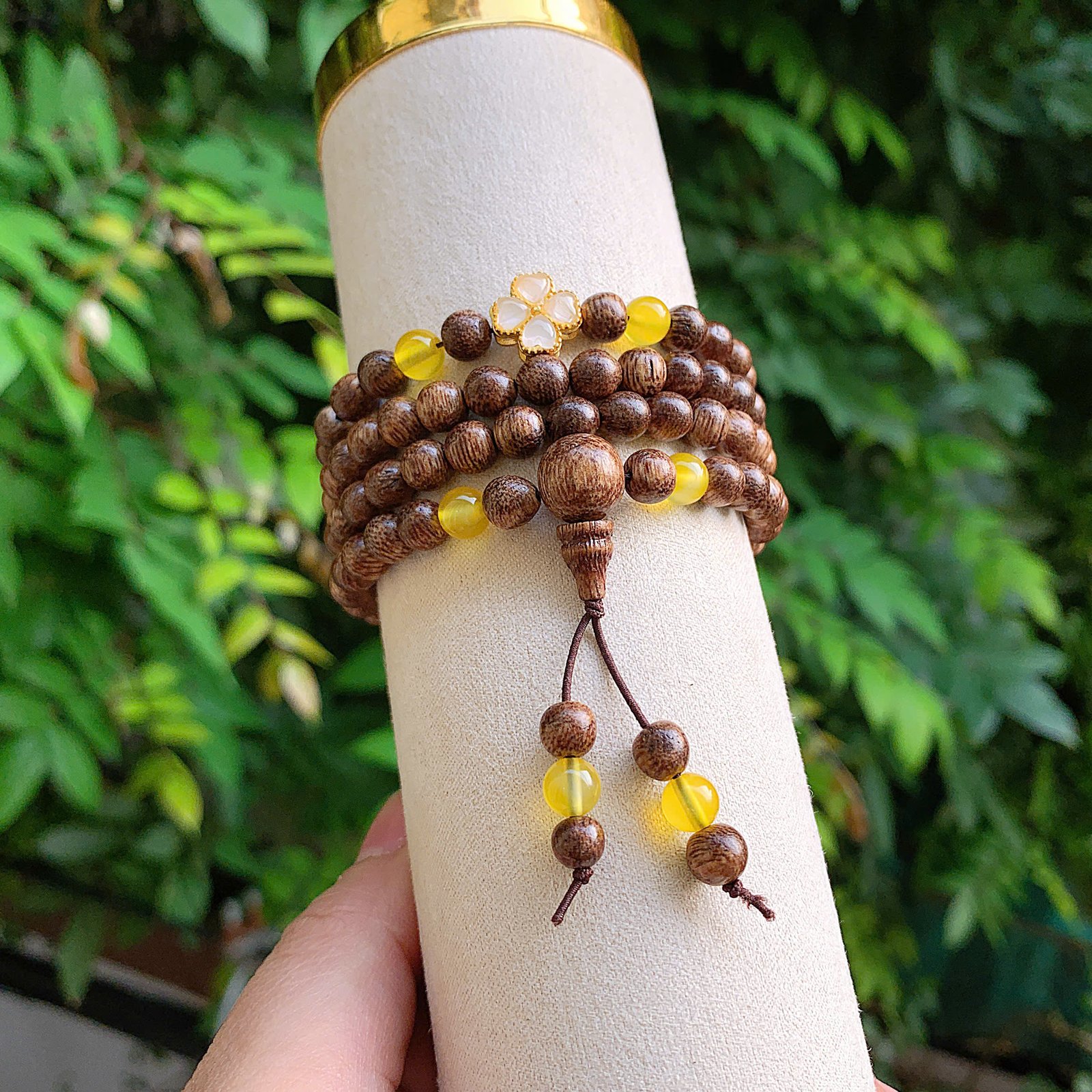 🌿 Vòng tay trầm tốc 108 hạt mix cỏ 4 lá may mắn 🍀